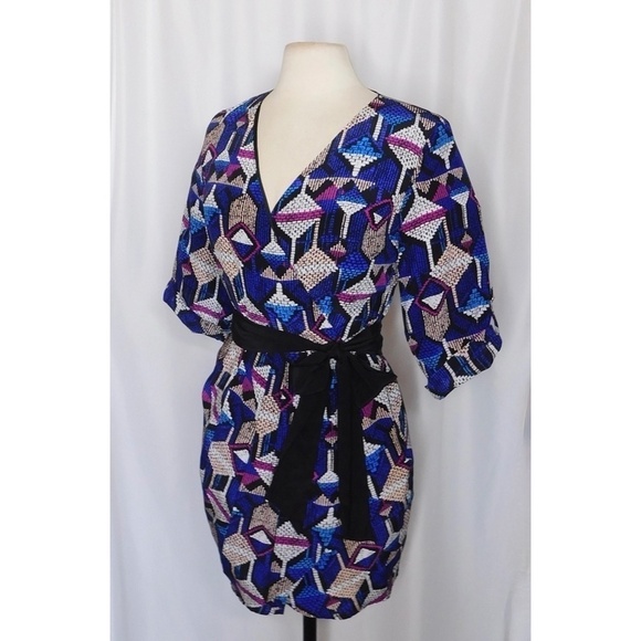YUMI KIM Silk Faux Wrap Abstract Geometric Print Mini Dress Bright Medium - Picture 5 of 11
